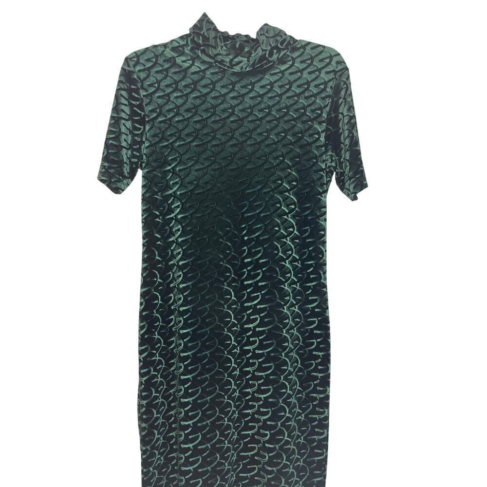 VTG 90s Apart Impressions Emerald Green Textured Velvet Mock Neck Dress Size 10 - Picture 2 of 4